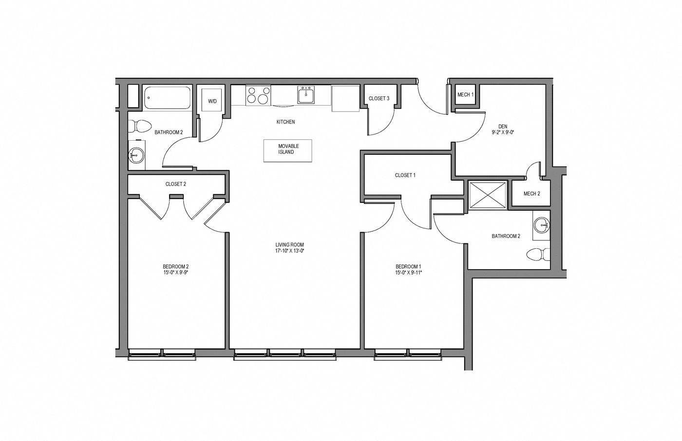 Floor plan for 2 beds, 2 baths, 1044 sqft